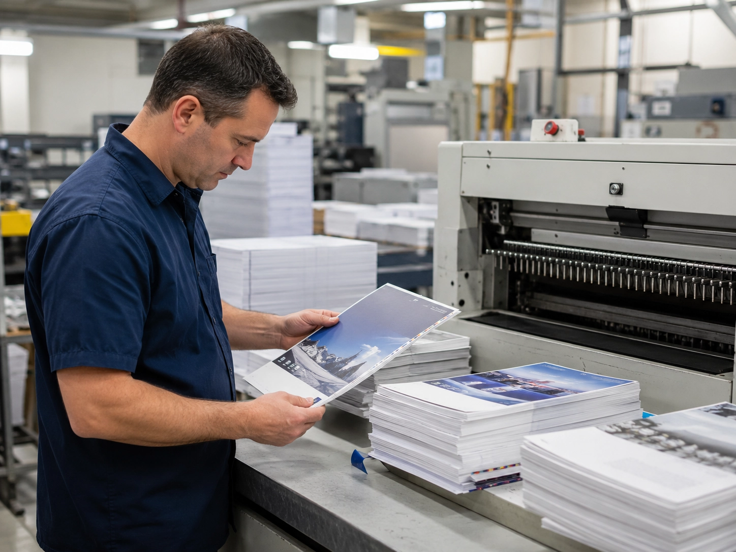 Professional printing press operator inspecting high-quality spiral binding paper stock before the punching process